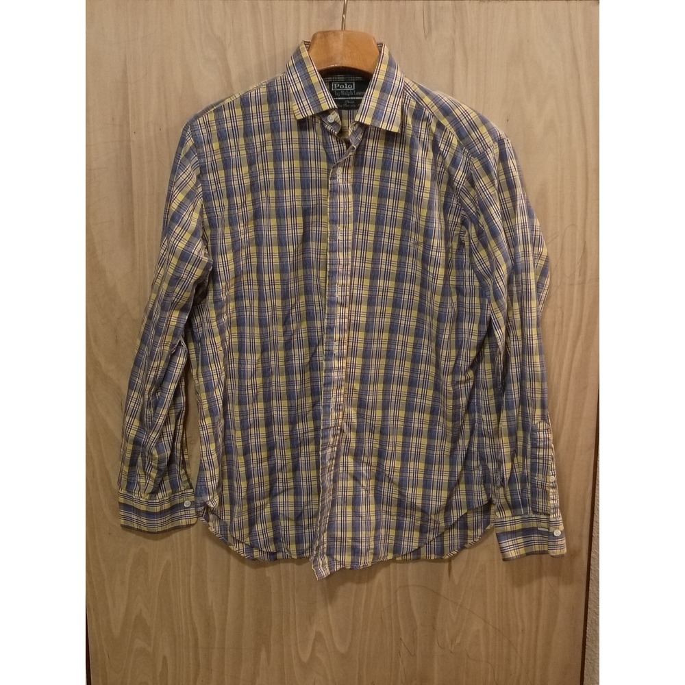 Polo Ralph Lauren Philip Shirt Mens 16 35 Blue Yellow Plaid Fine 100s Cotton L/S
